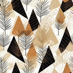 Vector triangle pattern with leaves. Scandinavian style. Linear boho sketch. Black and brown colors