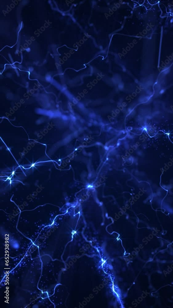 Wall mural vertical video - abstract technology background with glowing blue energy light beams and exploding p
