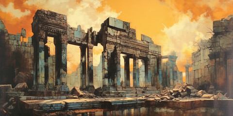 abstract art of empty old Ruins of a Thai temple ,illustration painting.generative ai