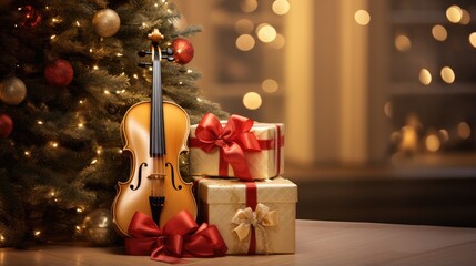 Convey the joyous spirit of the season through a wooden musical violin embellished, set against a background of softly blurred Christmas lights - obrazy, fototapety, plakaty