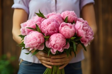 Obraz na płótnie Canvas Generative AI International Women's Day. A young woman holds a lush bouquet of pink peony flowers with her hands. Close-up front view. Happy Mother's Day.