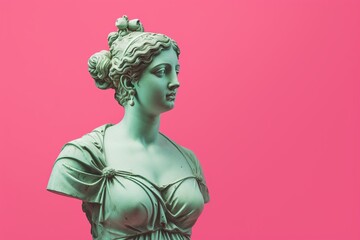 Naklejka premium female statue on pink background, beautiful stone greek female statue on pink backdrop. Created with generative AI tools