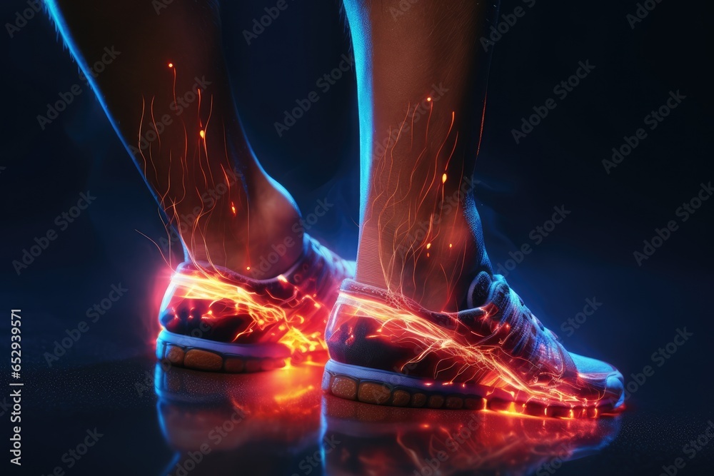 Poster A pair of feet with glowing shoes. Perfect for adding a touch of magic to any project.