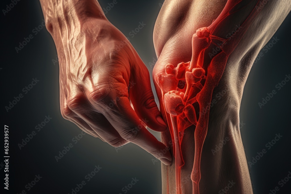 Poster a detailed close-up of a person's knee with a red substance on it. this image can be used to depict 