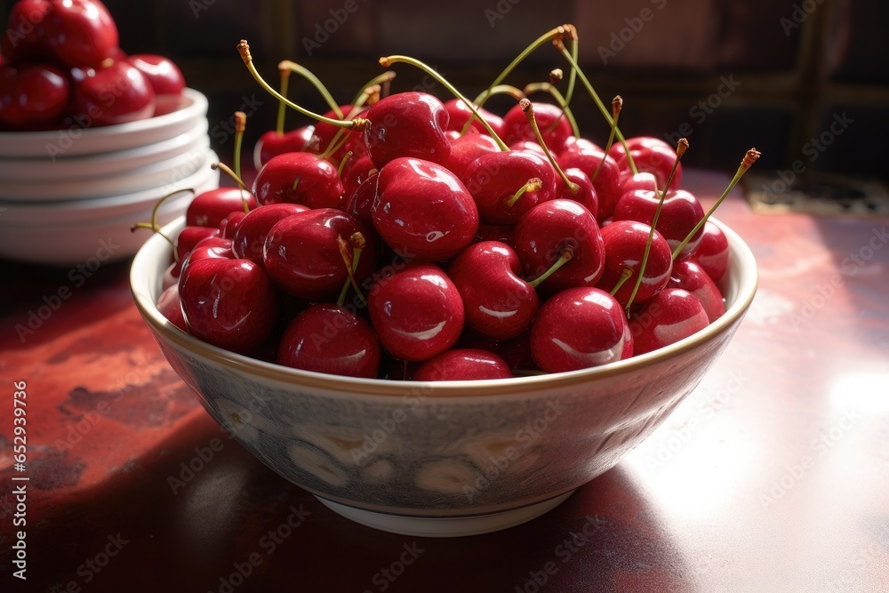 Poster A simple and inviting image of a bowl of cherries sitting on a table. This picture can be used to represent freshness, summer, healthy eating, or as a decorative element in various food-related design