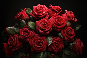 A beautiful bouquet of red roses on a sleek black background. Perfect for expressing love, passion, and romance. Ideal for greeting cards, wedding invitations, and floral arrangements.
