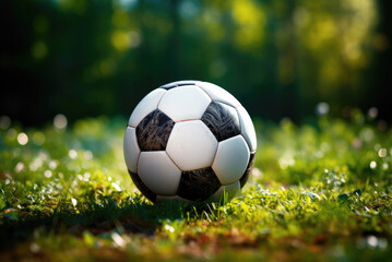 Fototapeta premium White black soccer ball on the green lawn