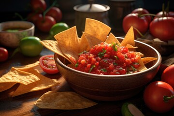A bowl of salsa with tortillas and fresh tomatoes. Perfect for Mexican cuisine or summer parties. - obrazy, fototapety, plakaty
