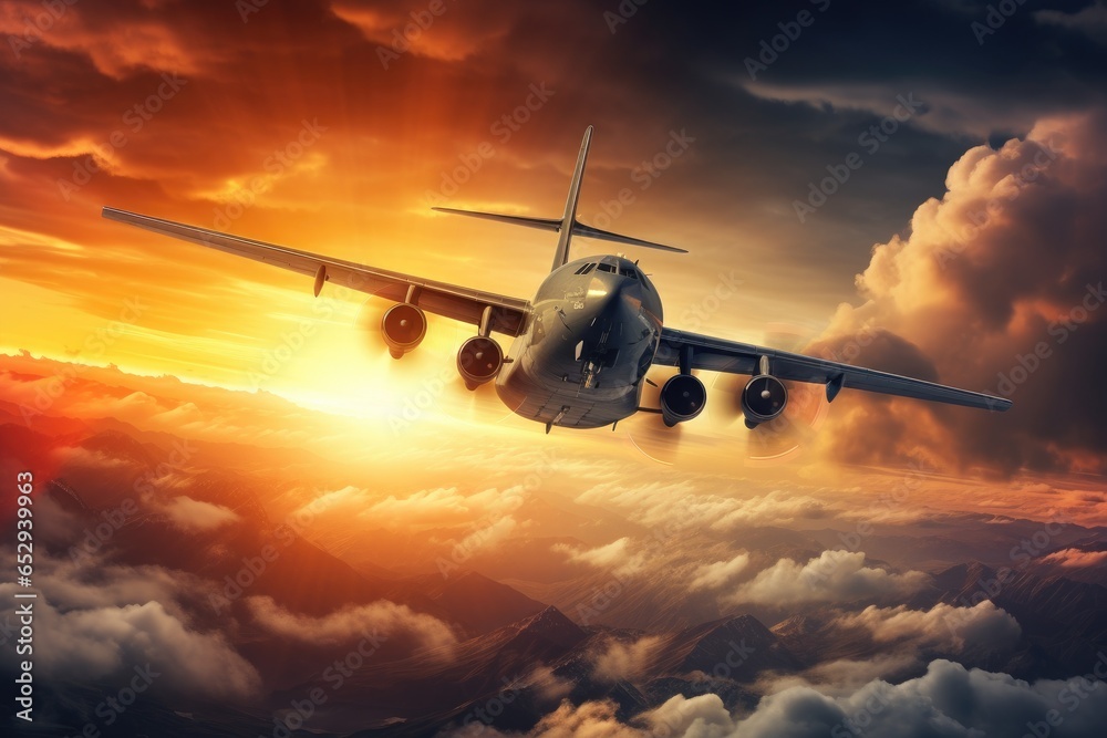 Aufkleber a large airplane soaring through the clouds in the sky. this image can be used to depict air travel,