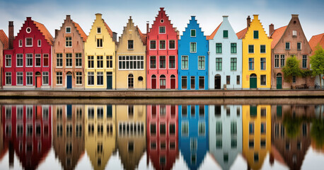 Naklejka premium row of colorful houses in the bruges canals. pathway, tourist attraction, world heritage