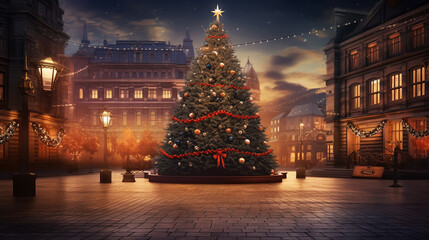 Fototapeta na wymiar big beautiful Christmas Tree with decorations and Illuminations in snowy night. New Year and Christmas holiday background. Festive winter city landscape.