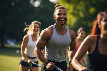 Fototapeta premium An attractive persons are training exercises outdoor on group classes