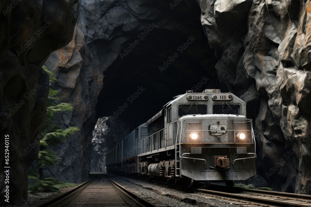 Poster a train is seen traveling through a tunnel next to a majestic mountain. this image can be used to de