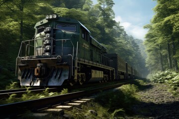 Obraz premium A picture of a train moving through a beautiful, green forest. Perfect for travel and nature themes.