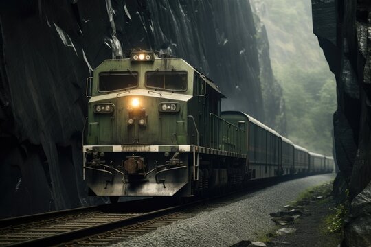 A green train is seen traveling down train tracks next to a majestic mountain. This picture can be used to depict transportation, travel, adventure, or scenic landscapes.