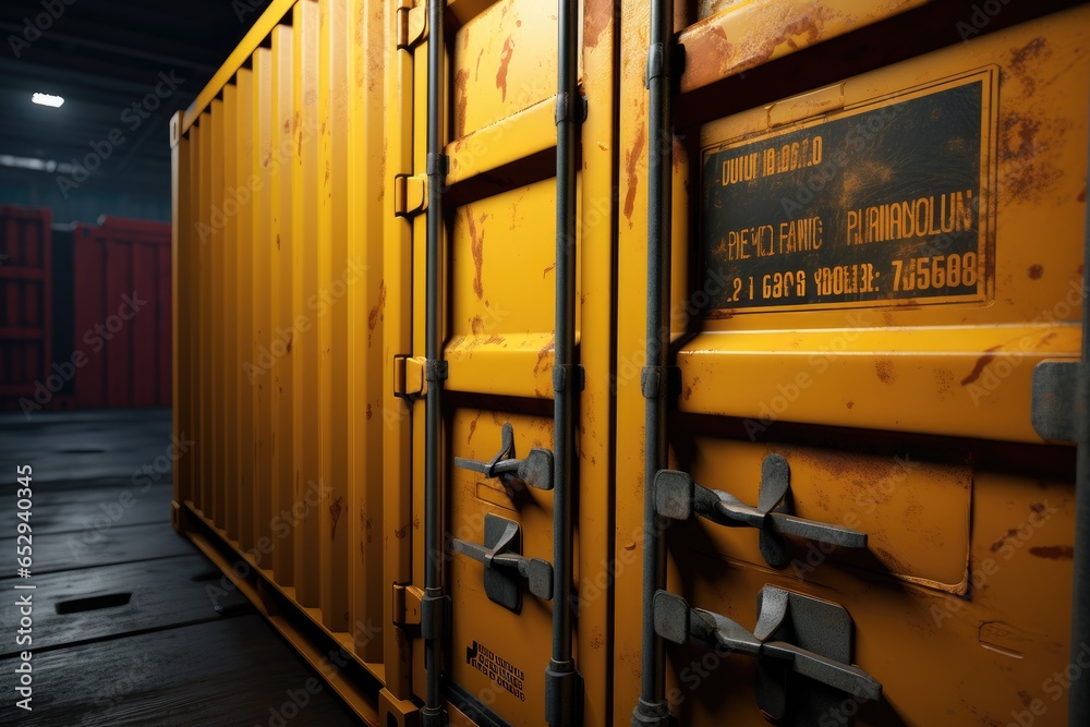 Poster a group of yellow shipping containers sitting next to each other. perfect for illustrating logistics