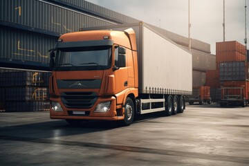 A picture of a large orange truck parked in a parking lot. This image can be used to represent transportation, logistics, or industrial themes. - Powered by Adobe