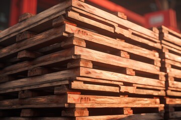 A stack of wooden pallets in a warehouse. Suitable for logistics, transportation, and storage concepts.