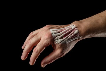 A man's hand with a bandage on it. This image can be used to depict injuries, accidents, healthcare, or medical concepts.