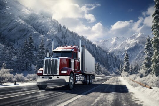 A semi truck driving down a snowy road. This image can be used to depict winter driving conditions or transportation in cold climates.