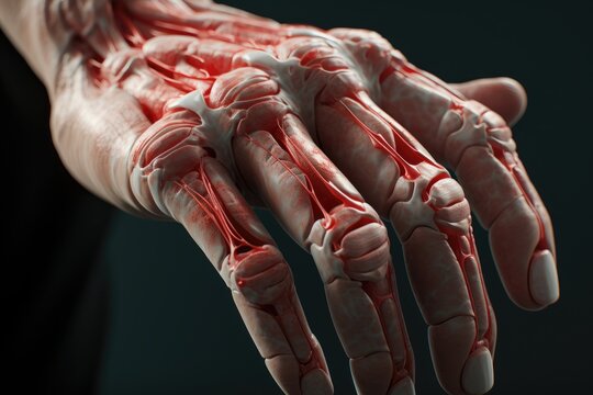 A close-up view of a person's hand covered in blood. This image can be used to depict crime scenes, horror themes, or medical emergencies.