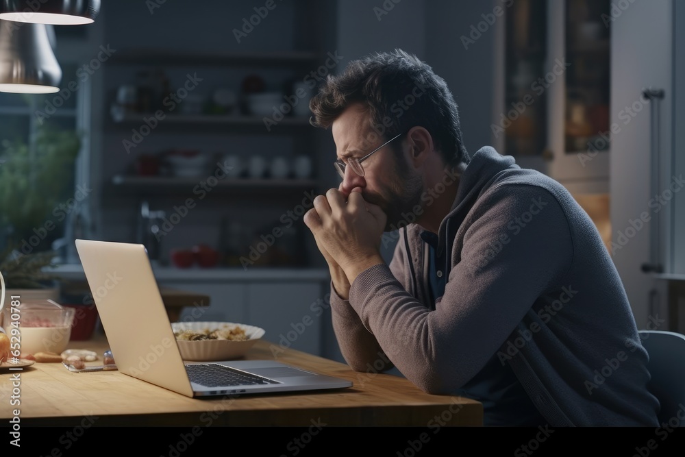 Poster a man is seated at a table, focused on his laptop. this image can be used to illustrate concepts rel