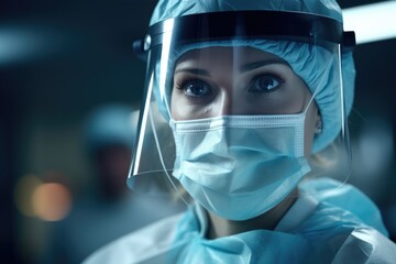 Fototapeta na wymiar A woman is pictured wearing a surgical mask and a face shield. This image can be used to depict safety precautions, healthcare, medical professionals, or protection against viruses and diseases.