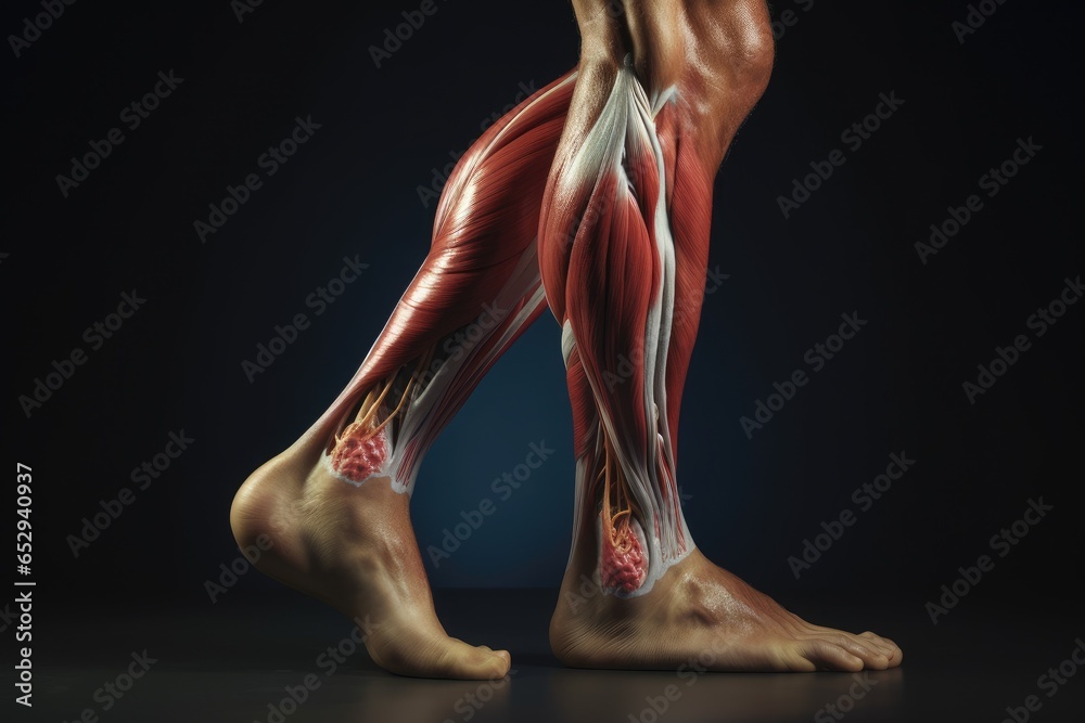 Poster a close-up view of a person's legs showcasing their well-defined muscles. this image can be used to 
