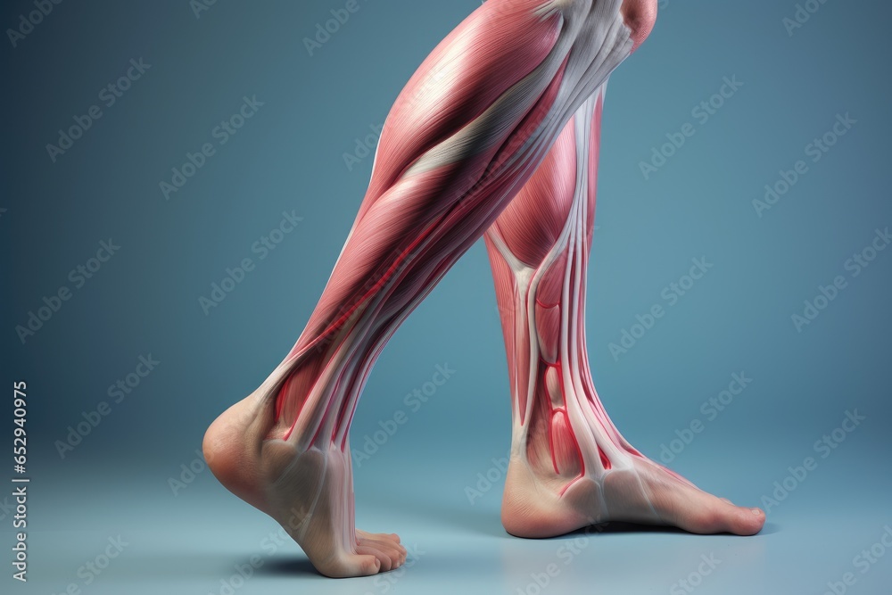Poster a close-up view of a person's legs, showcasing the highlighted muscles. this image can be used to de