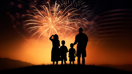 Fototapeta premium Silhouette of a family against a background of fireworks
