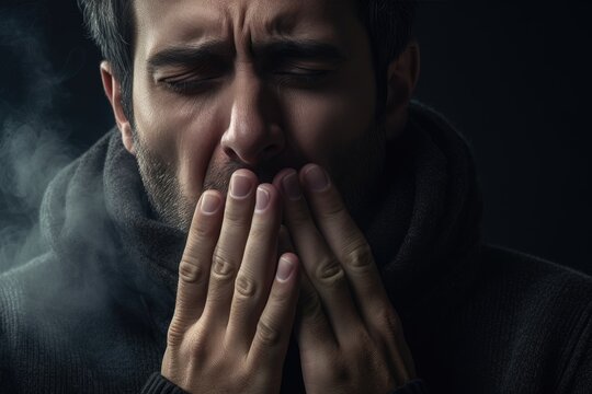 A man wearing a black sweater is seen covering his mouth with his hands. This image can be used to convey surprise, shock, secrecy, or even the act of being silenced.