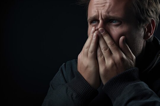 A man is seen covering his face with his hands. This image can be used to portray emotions such as sadness, frustration, stress, or despair. It can also be used to illustrate concepts related to menta