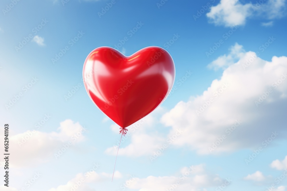 Poster a red heart-shaped balloon is seen floating in the sky. this image can be used to express love and r