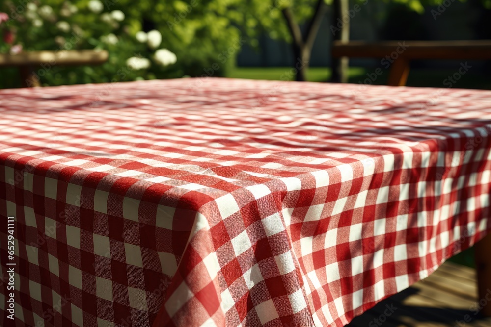 Poster A table with a red and white checkered table cloth. Perfect for adding a touch of charm to any dining setting or picnic.
