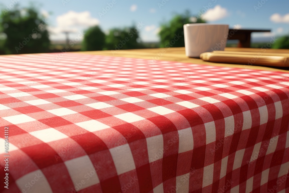 Poster A picture of a table with a red and white checkered table cloth. Suitable for various occasions and themes.