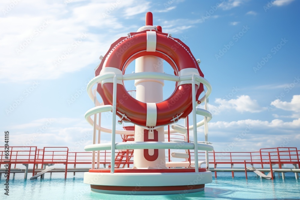 Poster a vivid red and white life preserver floating in a pool. ideal for illustrating pool safety or summe