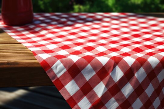 A simple yet charming image of a red and white checkered tablecloth laid on a wooden table. Perfect for adding a touch of rustic charm to any setting. Ideal for food blogs, picnic-themed designs, or r