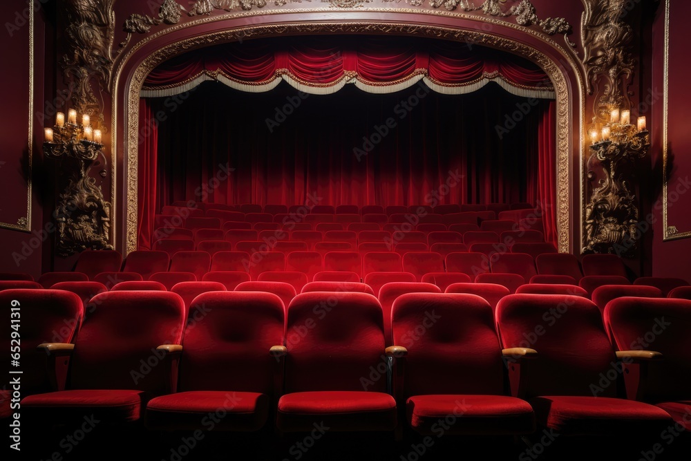 Poster a picture of a theater with red seats and a red curtain. this image can be used to represent a theat