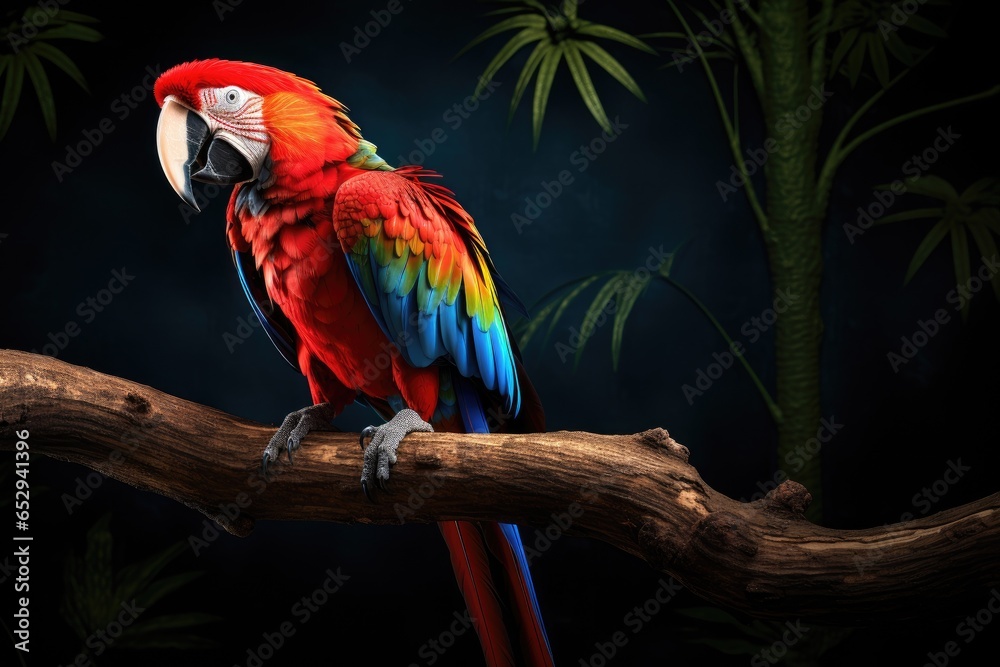 Poster A vibrant parrot perched on a branch in a dimly lit setting. This image can be used to add a pop of color and exoticism to various projects.