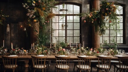 A dining room with a long table and chairs