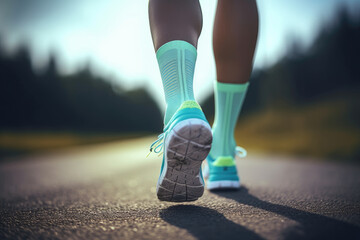 A close up view of a person's feet in running shoes. This image can be used to illustrate fitness, sports, running, exercise, and a healthy lifestyle.