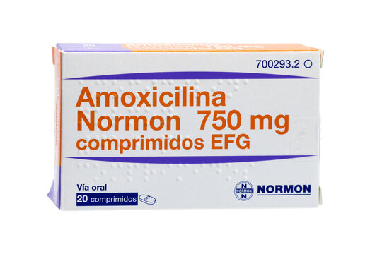 Huelva, Spain - September 25, 2023: Spanish box of amoxicillin 750 mg from Normon laboratory, used to treat certain infections caused by bacteria. Amoxicillin is a penicillin-like antibiotics