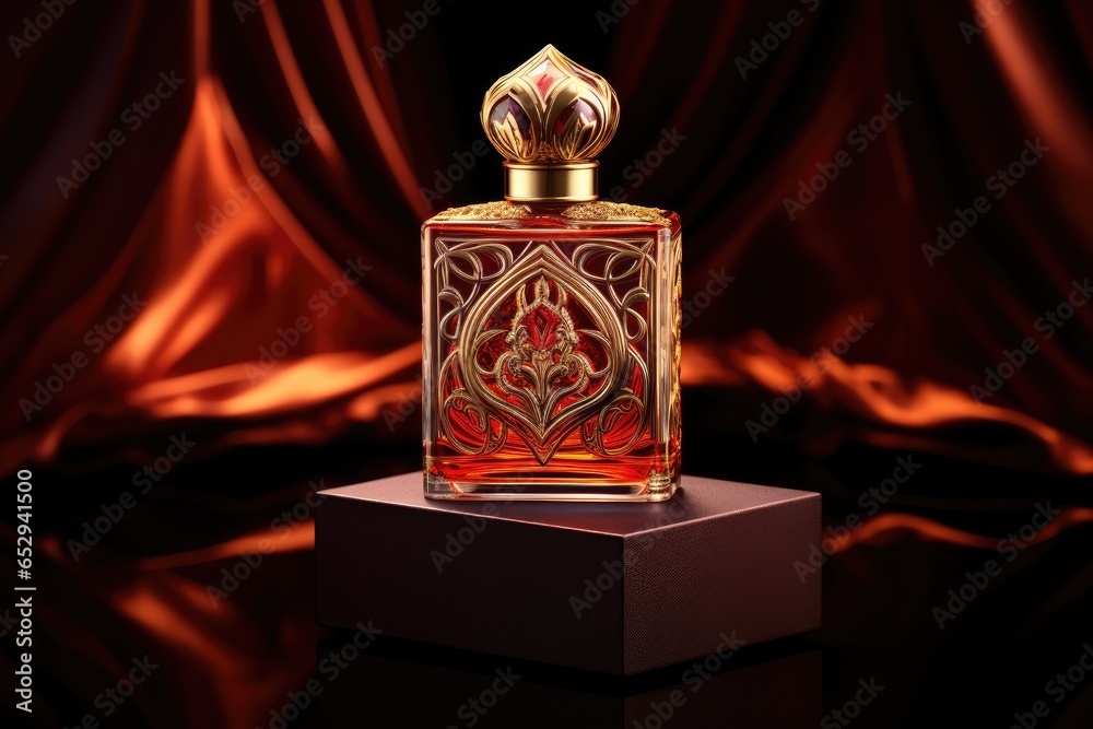 Poster A bottle of perfume placed on a table. This image can be used for showcasing beauty products or creating a luxurious atmosphere in advertisements or blog posts.
