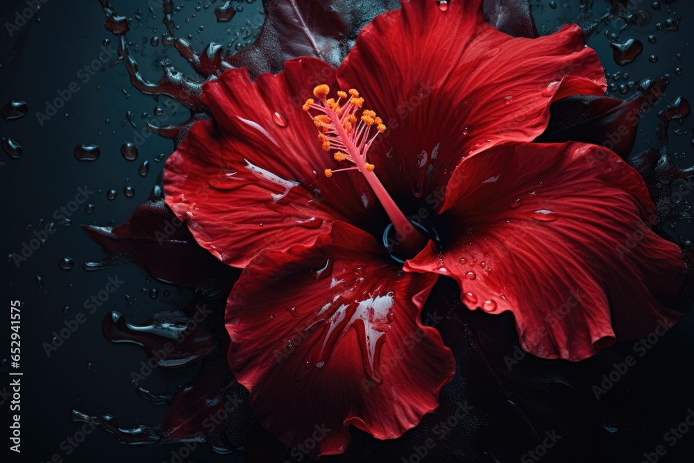 Poster a vibrant red flower glistening with water droplets. perfect for adding a touch of nature and freshn