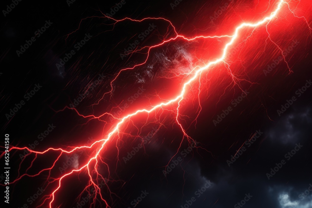 Poster A dramatic image capturing a lightning strike in the dark sky. Perfect for illustrating the power and intensity of nature. Ideal for use in weather-related articles or as a background for dramatic des
