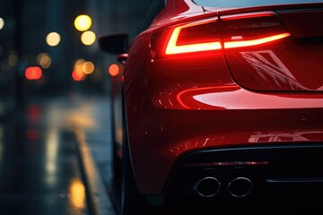 A close up view of a red car parked on a city street. This image can be used to depict urban life, transportation, or car-related themes.