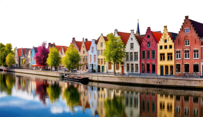 isolated transparent background PNG. row of colorful houses in the bruges canals. renaissance buildings, step-gabled facade