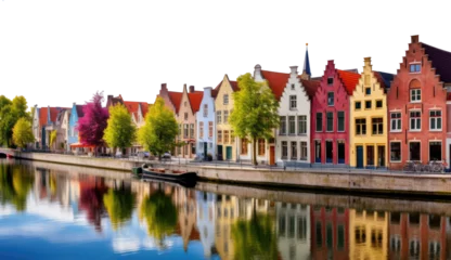 Selbstklebende Fototapete Brügge isolated transparent background PNG. row of colorful houses in the bruges canals. renaissance buildings, step-gabled facade