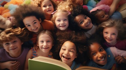 A group of children laying on top of a bed with book
