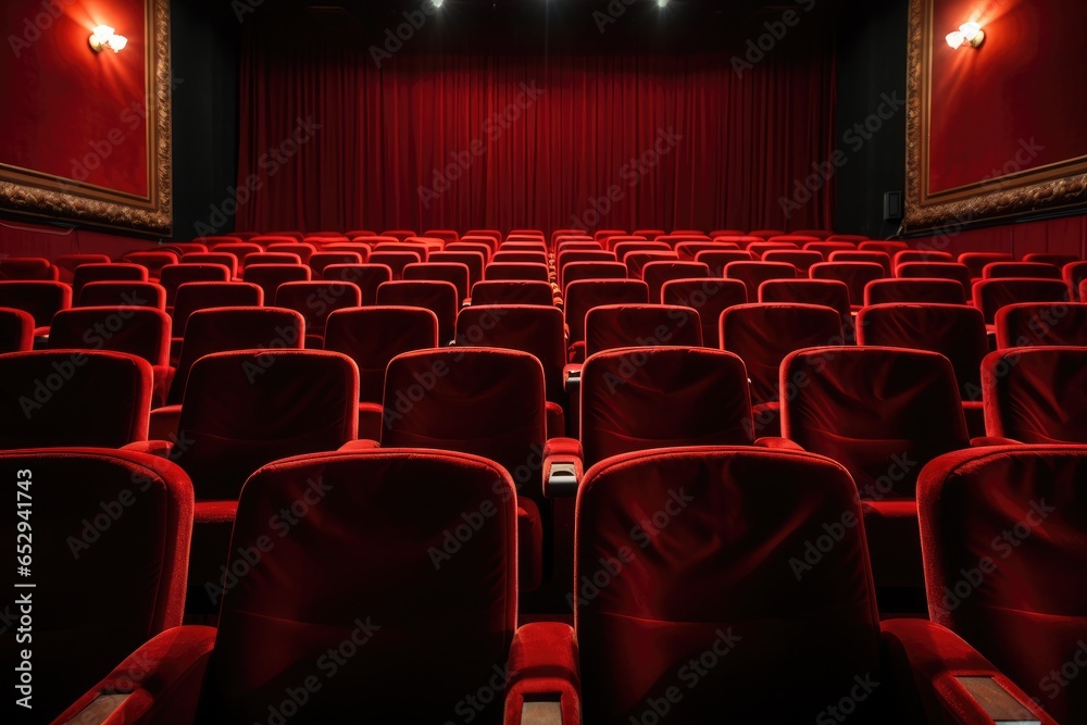 Poster An empty theater with red seats and red curtains. Suitable for theater-related projects or concepts.